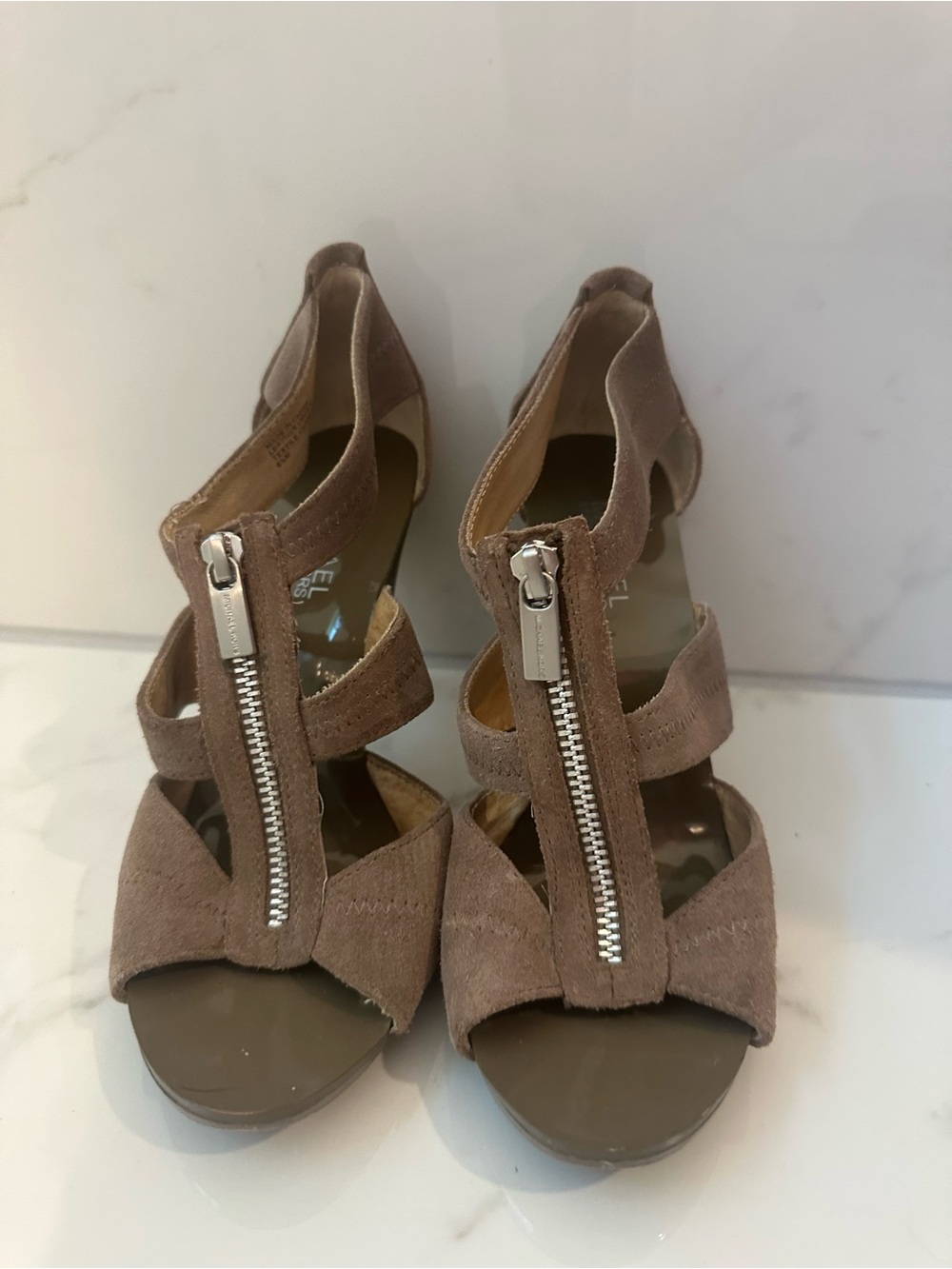 Michael Kors Taupe Suede Zip-Front Strappy Heels